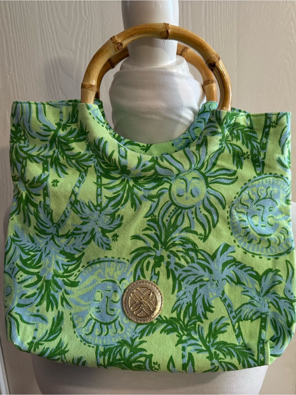 EUC Lilly Pulitzer Green Palm-Print Tote with Bamboo Handles